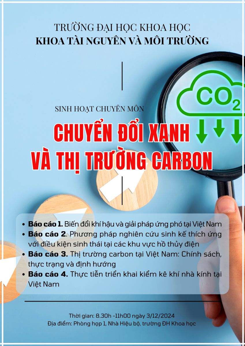 Thông báo kế hoạch sinh hoạt chuyên môn tháng 12/2024 khoa Tài nguyên và Môi trường: Chuyển đổi xanh và thị trường carbon